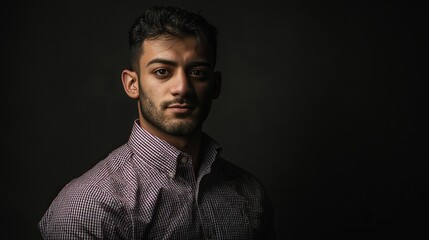 Fototapeta premium Portrait of a Confident Young Man in a Dark Setting with Dramatic Lighting