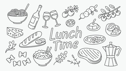 Hand Drawn Blackand White Lunch Time Food Illustration Featuring Pasta Cheese Wine Steak Baguette And More