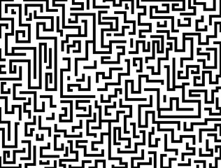 Minimalist abstract maze background featuring a clean geometric labyrinth design in black and white. Ideal for puzzle themes, mind games, modern tech layouts, or conceptual backgrounds in digital and 