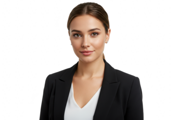A young businesswoman with her hair pulled back is posing with a calm and confident