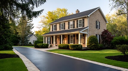 Charming colonial house on a tree lined driveway in autumn