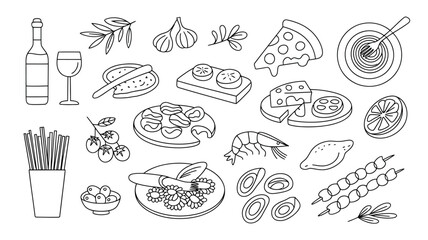 Hand Drawn Line Art Food Doodle Set Featuring Pasta Wine Olives Pizza Shrimp Cheese Garlic and More in Black and White