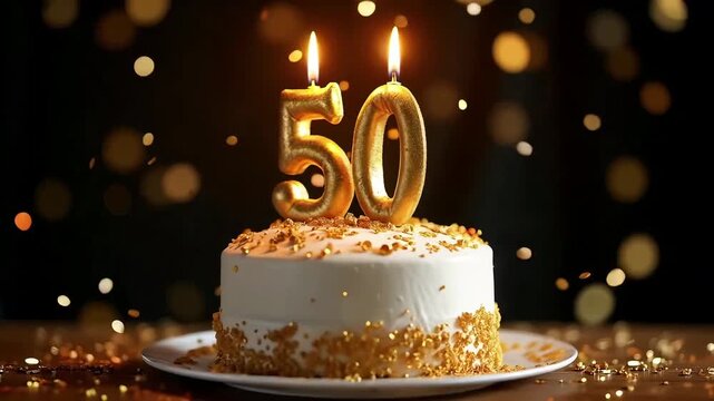 Golden 50th Celebration Cake Scene with Number Candles, Frosted Decor and Confetti Glow for Milestone Greeting Visuals
