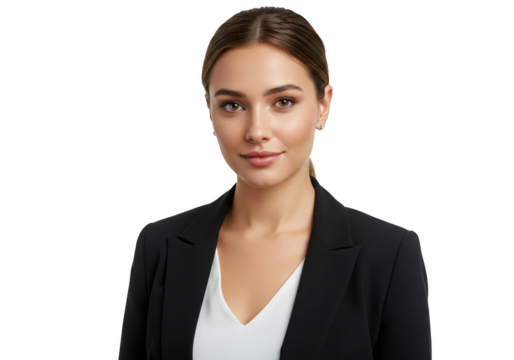 A young businesswoman with her hair pulled back is posing with a calm and confident