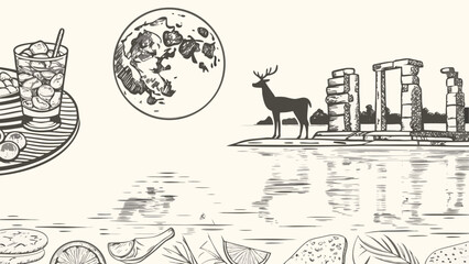 Fototapeta premium Illustration of a cocktail, moon, deer, stonehenge, and various food items in a whimsical setting silhouette