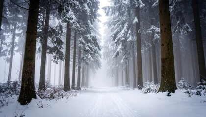 Snowy path through a misty forest