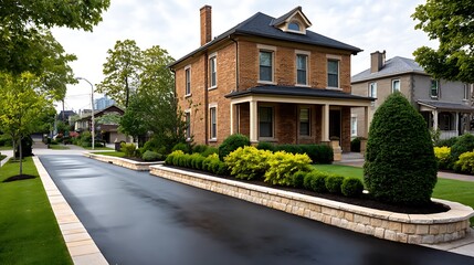 Charming brick house with manicured landscaping on a suburban street