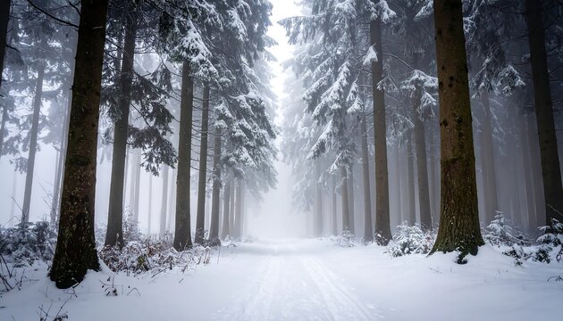 Snowy path through a misty forest - Powered by Adobe