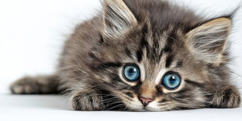 The adorable kitten with striking blue eyes resting gracefully on white surface.