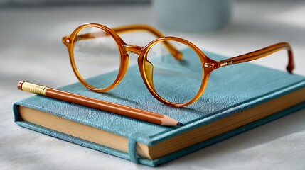 Vintage eyeglasses and pencil resting on a teal book