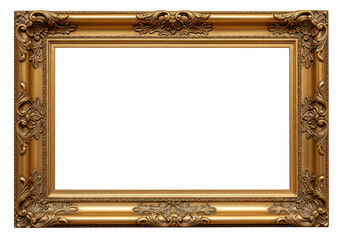An ornate gold frame with intricate carvings is isolated on a transparent