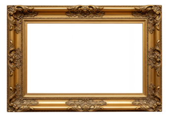 An ornate gold frame with intricate carvings is isolated on a transparent
