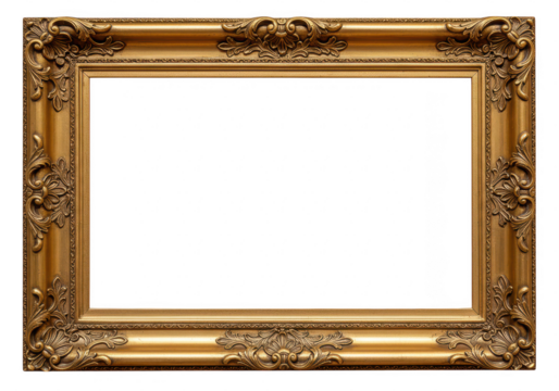 An ornate gold frame with intricate carvings is isolated on a transparent