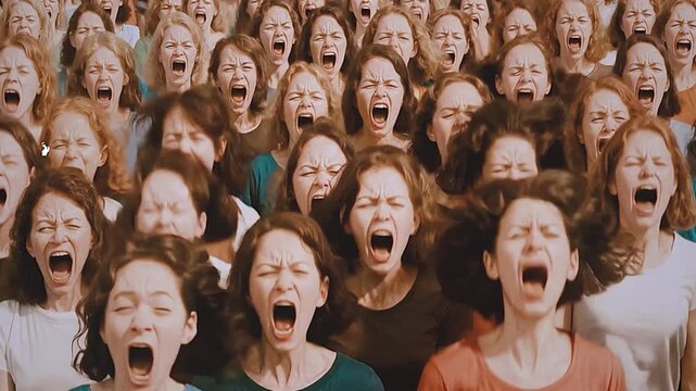 A Crowd of Diverse Women United in a Powerful Scream Expressing Pain