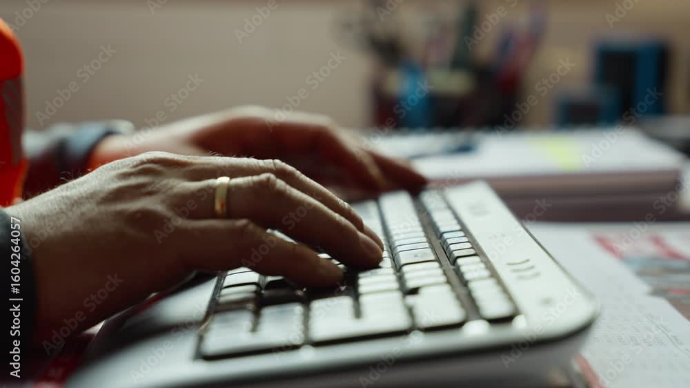 Poster hands of industry worker typing on a keyboard, working at a desk. ideal for business tech projects.