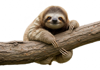 A cute sloth is hanging on a tree branch looking at the camera against a transparent