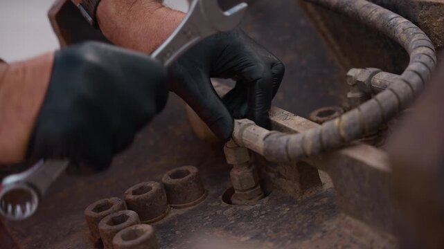 Skilled mechanic tightens bolt on industrial machine. Close-up shot perfect for manufacturing documentaries and training videos.