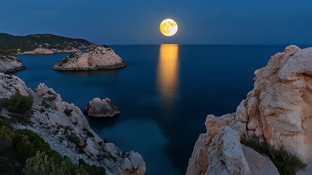 Full Moon Over Ocean with Golden Reflection and Rocky Coastline at Dusk Illuminated by Natural Lighting