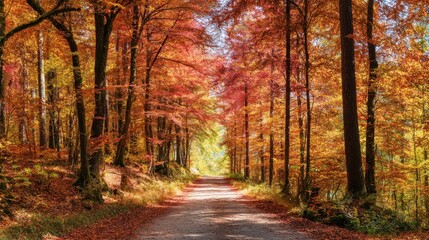 Obraz premium The vibrant autumn path through a serene forest filled with colorful trees.