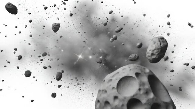 Asteroid Explosion in Space: Cosmic Dust, Debris and Destruction on White Background, Abstract Illus