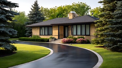 Charming brick bungalow with winding driveway surrounded by lush greenery