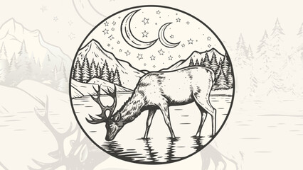 Fototapeta premium Illustration of a deer drinking water in a lake with mountains, trees, moons and stars in the background silhouette