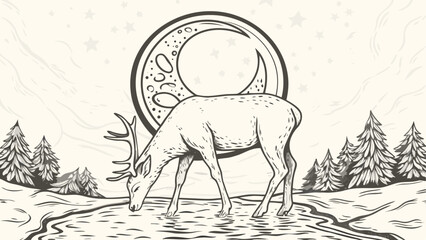 Illustration of a deer drinking water with a moon in the background and trees in the winter landscape silhouette