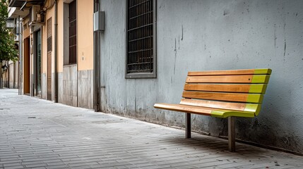 Bright green bench stands alone on a quiet street in an urban setting during the day