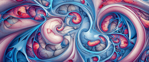 Vibrant and intricate fractal art piece. It features flowing, organic shapes in shades of blue, pink, and red