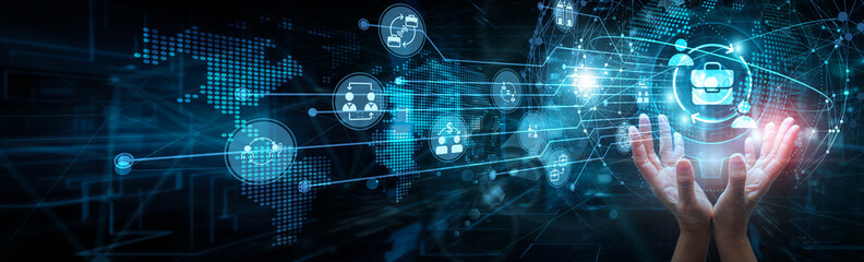 Business executive holding global network and B2B business strategy, enterprise collaboration,...