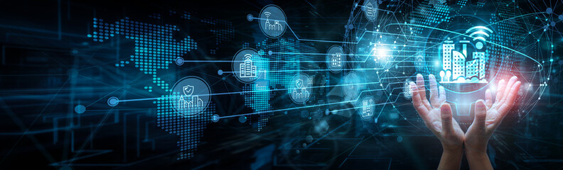 Urban planner holding global network and smart cities infrastructure, sensor automation mobility IoT data innovation integration energy sustainability technology development management.