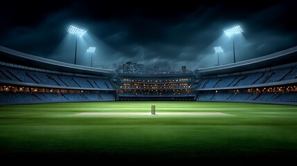 Empty cricket stadium under bright floodlights at night
