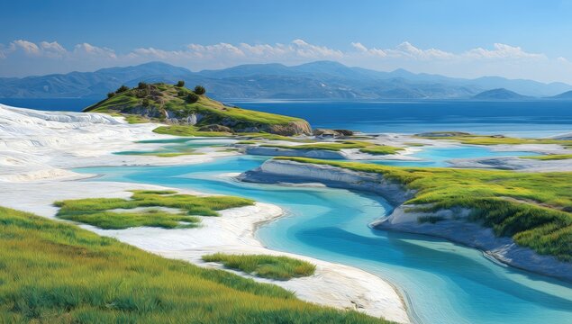 Serene, turquoise pools winding through white, chalky terrain, lush green vegetation, and distant mountains