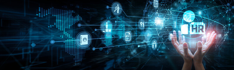 HR manager holding global network and human resources systems, recruitment payroll performance training automation compliance employee engagement benefits development onboarding.