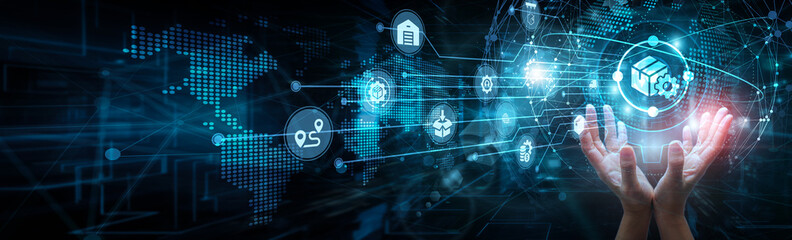 Logistics manager holding global network and supply chain management, inventory procurement delivery automation distribution optimization tracking warehousing systems integration.