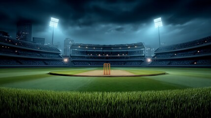 Illuminated cricket stadium at dusk with wickets ready