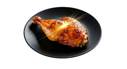 High-contrast visual of a glowing roasted: High-contrast visual of a glowing roasted chicken leg resting on a black plate with light flares  chicken leg resting on a black plate with light flares