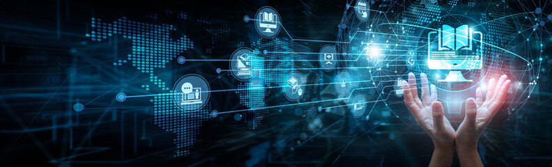 Educator holding global network and e-learning platforms, virtual classroom content delivery...