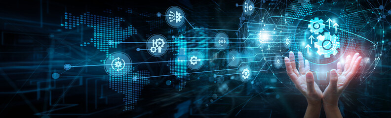 Process engineer holding global network and automation systems, robotics workflow efficiency control sensors AI optimization manufacturing integration, and real-time productivity machines.