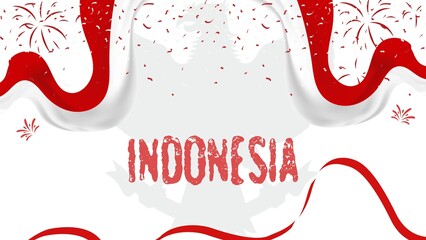 A vibrant illustration celebrating Indonesia's national day with waving red and white flags, festive confetti, and fireworks.