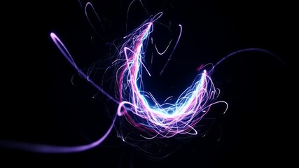Abstract neon light trails in a crescent shape on a black background - Powered by Adobe