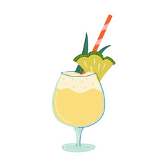Sweet Pina Colada Cocktail with pineapple slice. Glass with beverage and straw. Cool Summer lemonade. Alcohol drink made from white rum. Hand drawn flat design vector illustration.
