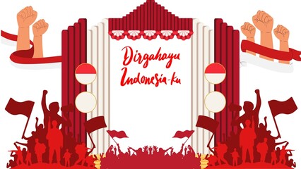 Festive illustration celebrating Indonesia's Independence Day with a patriotic stage, cheering crowd silhouettes, and national flag decorations.