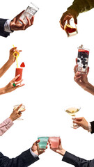 Collage of stylish cocktail glasses held by diverse hands with clean vertical layout. Concept of drink posters, hospitality branding, party invitations, beverage packaging.