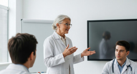Elderly female doctor giving a presentation to younger doctors in a modern hospital meeting room, promoting medical education and teamwork.