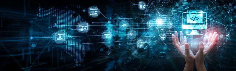 Web developer holding global network and web development platforms, coding UI/UX frontend backend frameworks deployment integration optimization responsive design, and hosting.