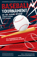 Baseball tournament dynamic poster template with ball and bat