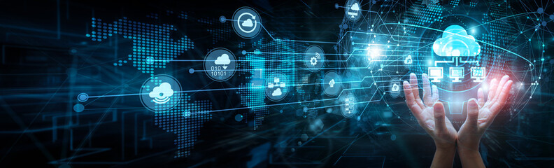 Cloud architect holding global network and cloud computing systems, virtualization infrastructure...