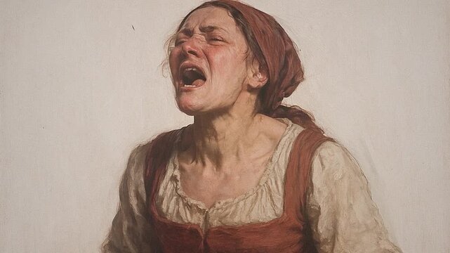 Woman in Headscarf Shouting with Anger and Emotion in a Vintage Painting
