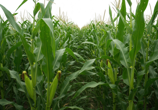 A lush green corn field stretches into the distance on a rural farm landscape